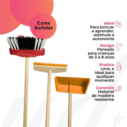 Imagem de Kit Limpeza Infantil 3 em 1 Vassoura, Rodo e Pá Brincadeira Educativa e Divertida