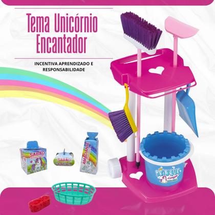 Imagem de Kit Limpeza Infantil Unicórnio Completo Com Carrinho Vassoura Rodo E Acessórios Educativo Com 11 Peças Kizumba