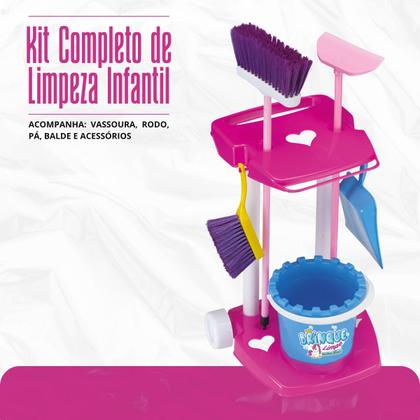 Imagem de Kit Limpeza Infantil Unicórnio Completo Com Carrinho Vassoura Rodo E Acessórios Educativo Com 11 Peças Kizumba