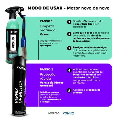 Imagem de Kit Limpeza Motor Vexus 500ml Verniz Aerossol Spray Brilho Proteção 400ml Pincel Macio Vonixx