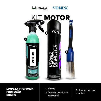 Imagem de Kit Limpeza Motor Vexus 500ml Verniz Aerossol Spray Brilho Proteção 400ml Pincel Macio Vonixx