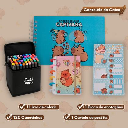 Imagem de Kit Livro De Colorir 120 Canetas Capivara Adesivo Anotações