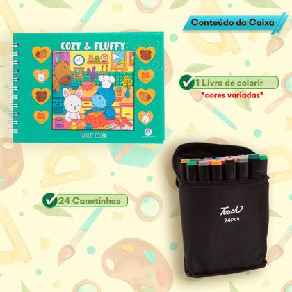 Imagem de Kit Livro De Colorir Adulto Com 24 Canetinha Ponta Dupla