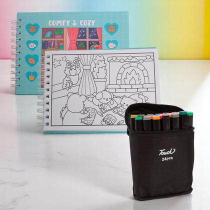 Imagem de Kit Livro De Colorir Adulto Com 24 Canetinha Ponta Dupla