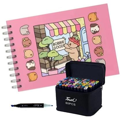 Imagem de Kit Livro De Colorir Bobbie Goods 80 Canetinhas Ponta Dupla Marcador 50 Páginas Pintura Desenhos Capa Dura - Touch