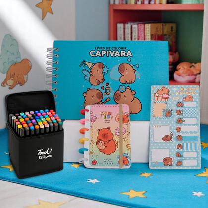 Imagem de Kit Livro de Colorir e Pintar Capivara 120 Canetas Adesivo