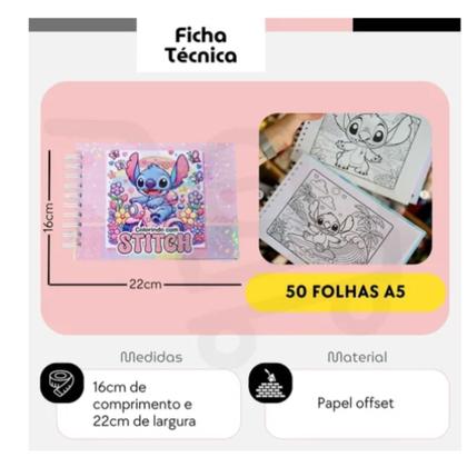 Imagem de Kit Livro de Colorir Lilo Stitch 24, 48, 60, 80 ou 120 Canetinhas Touch Coloridas Chaveiro Stitch ou Angel