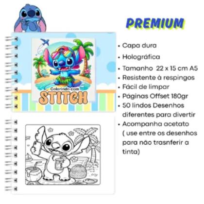 Imagem de Kit Livro de Colorir Lilo Stitch 24, 48, 60, 80 ou 120 Canetinhas Touch Coloridas Chaveiro Stitch ou Angel