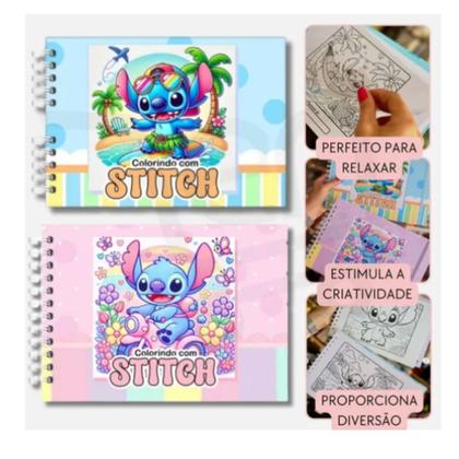 Imagem de Kit Livro de Colorir Lilo Stitch 24, 48, 60, 80 ou 120 Canetinhas Touch Coloridas Chaveiro Stitch ou Angel