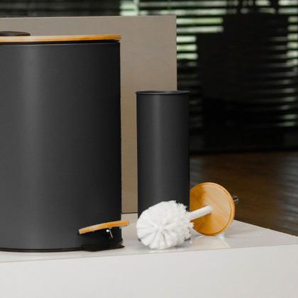 Imagem de Kit Lixeira 12 Litros Bambu Com Pedal + Escova Banheiro Bambu