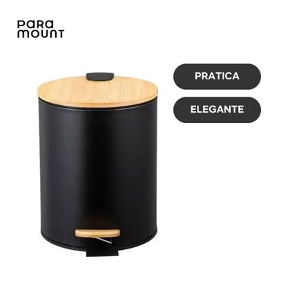 Imagem de Kit Lixeira 12 Litros Bambu Com Pedal + Escova Banheiro Bambu