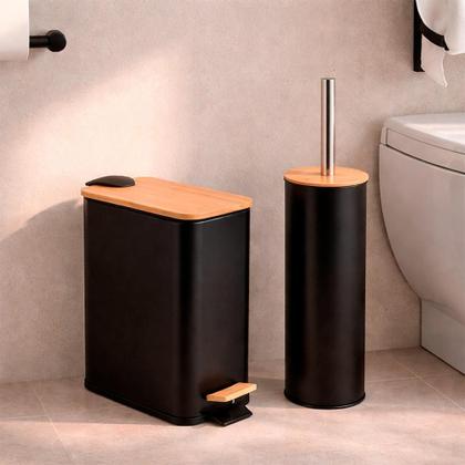 Imagem de Kit Lixeira 3 Litros Bambu Pedal + Escova Sanitária Higiene