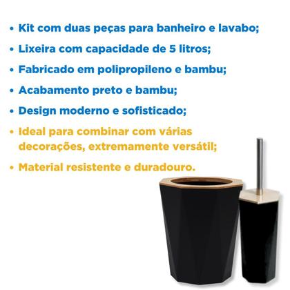 Imagem de  Kit Lixeira 5 Litros E Escova Sanitária Preto E Bambu 2 Peças Sextavado Banheiro