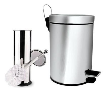 Imagem de Kit Lixeira Inox 5L Cesto De Lixo Banheiro+Escova Sanitária