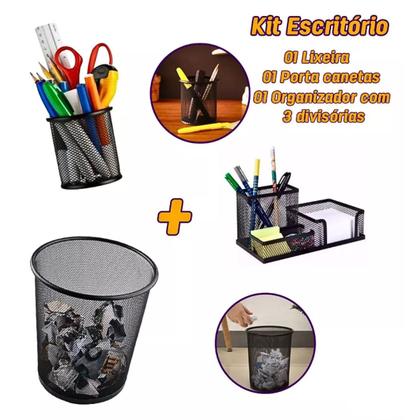 Imagem de Kit Lixeira Redonda + Porta Lápis + Porta Trecos de Metal Aramado Ideal para Escritório - Sutt