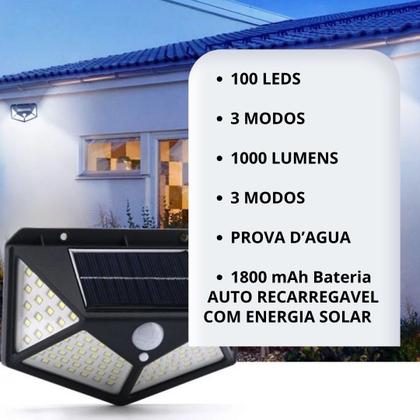 Imagem de Kit Luminária Solar 100 Leds Sensor de presença Prova Dágua p Jardim ambiente Externo Luz Led Solar Lâmpada