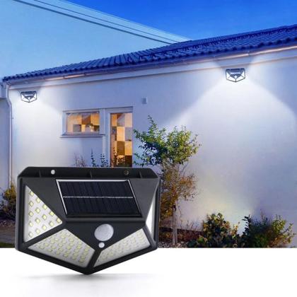 Imagem de Kit Luminária Solar 100 Leds Sensor de presença Prova Dágua p Jardim ambiente Externo Luz Led Solar Lâmpada