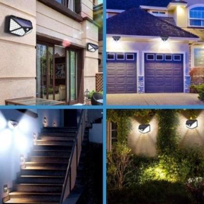 Imagem de Kit Luminária Solar 100 Leds Sensor de presença Prova Dágua p/ Jardim ambiente Externo Luz Led Solar Lâmpada