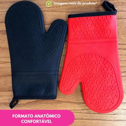 Imagem de Kit Luva Térmica Silicone Com Forro Cozinha Forno E Fogão Segurança Proteção Punho