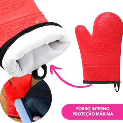 Imagem de Kit Luva Térmica Silicone Com Forro Cozinha Forno E Fogão Segurança Proteção Punho