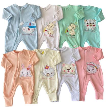Imagem de Kit Macacao Bebe Bordado c/ Zíper Suedine 4 Peças Menino Menina Vira Pé