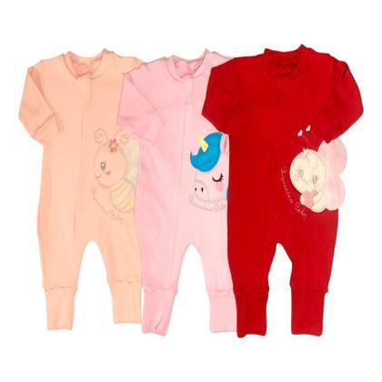 Imagem de Kit Macacao Bebe Bordado c/ Zíper Suedine 4 Peças Menino Menina Vira Pé
