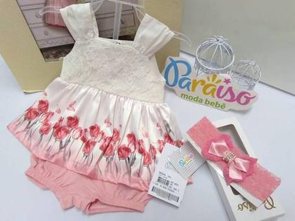 Imagem de Kit Macacao Curto Paraiso Bebe Menina + Faixa Cabelo 7481