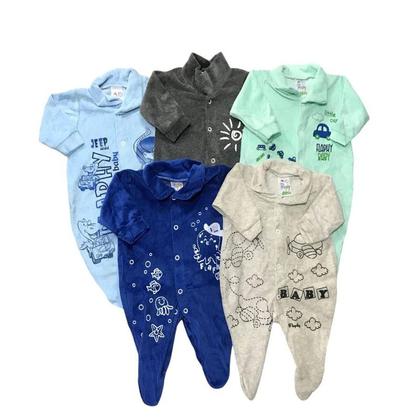 Imagem de Kit Macacão Plush Bebe Infantil Menino e Menina 5 Peças Vários Modelos Com Pezinho