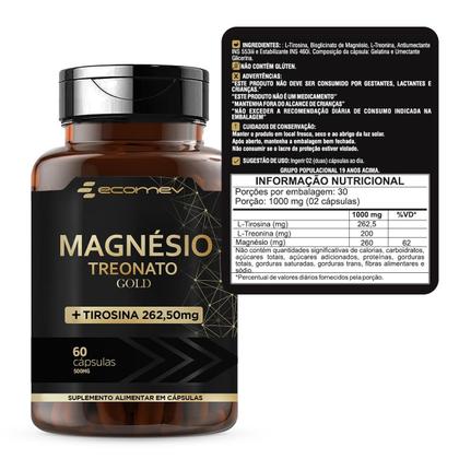 Imagem de Kit Magnesio Treonato  L Tirosina  Coenzima Q10 200mg  D3 2.000ui K2 Mk7 149mcg 180cáps Ecomev