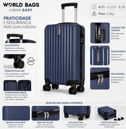 Imagem de Kit Mala de Viagem 20" + Frasqueira Polipropileno World Bags Resistente Rodinhas 360 Bordo