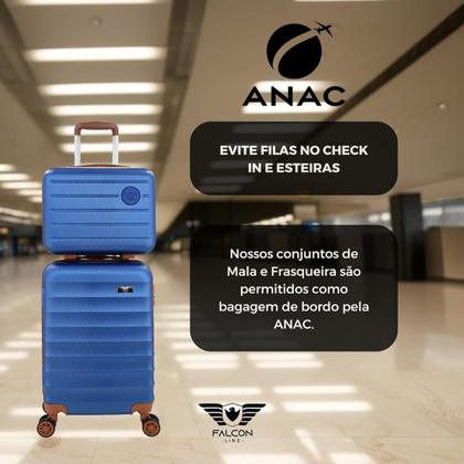 Imagem de Kit Mala de Viagem de Bordo ANAC 55x35x25 com Cadeado mais Mala de Mão Frasqueira em ABS Falcon Line Alças e 4 Rodinhas Giratórias de 360 Reforçadas