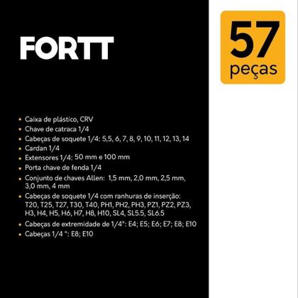 Imagem de Kit Maleta Jogo De Chave Catraca Completo 57 Peças Fortt Preto - Kjc001-p