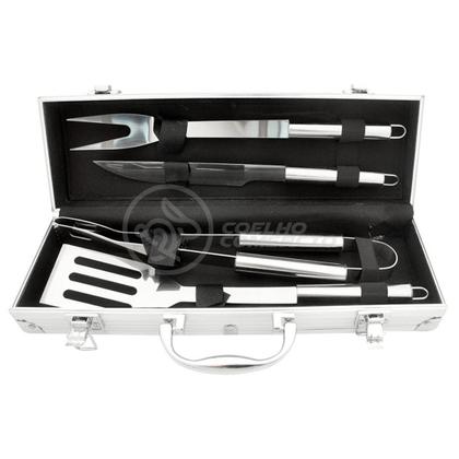 Imagem de Kit Maleta Para Churrasco Steak Gourmet Jogo com 4 Peças Em Aço Inox Espátula Faca Garfo Pegador