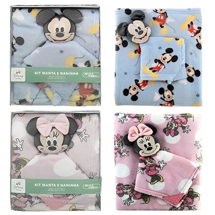 Imagem de Kit Manta e Naninha Bebê Mickey e Minnie Com Mordedor Original Jolitex
