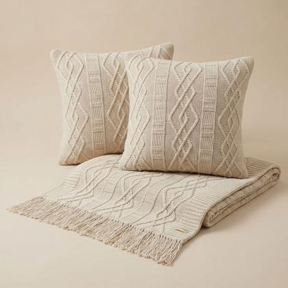 Imagem de Kit Manta Para Sofá Decorativa Protetora Tricô Com 2 Capa De Almofada c05