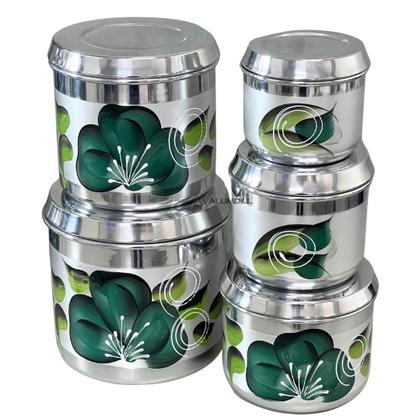 Imagem de Kit Mantimentos Com 5 Peças Organizador Pote Flor Verde Decorado Conjunto Arroz Açúcar Café Farinha