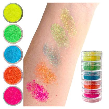 Imagem de Kit Maquiagem Artística Glitter Pó Neon 3g - 5 Unidades