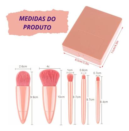 Imagem de Kit Maquiagem com 5 Pincéis com Estojo e Espelho Cerdas Macias Cor Rosa para Rotina de Beleza