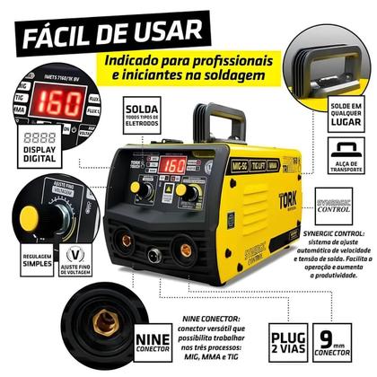 Imagem de Kit maquina de solda tork inversora cimets-7160/1k-bv bivolt mig/tig/mma 160a com máscara de solda