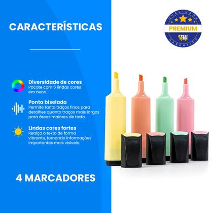 Imagem de Kit Marca Texto Escolar 4 Cores Neon Pastel Premium Infantil