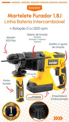 Imagem de Kit Martelete Perfurado 1,8J Vonder SDS-Plus Com Bateria 4Ah e Carregador Rompedor Furadeira