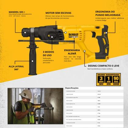 Imagem de Kit Martelete Rompedor DeWalt 20V Max SDS Motor Brushless + Bateria 4Ah + Carregador