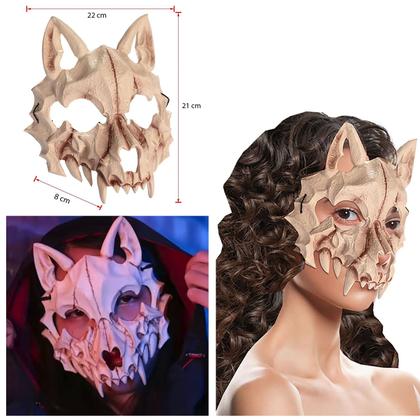 Imagem de Kit Máscara Osso Animal Lobo Esqueleto Caveira Halloween + Capa Preta Longa Capuz = 2 Produtos Temáticos
