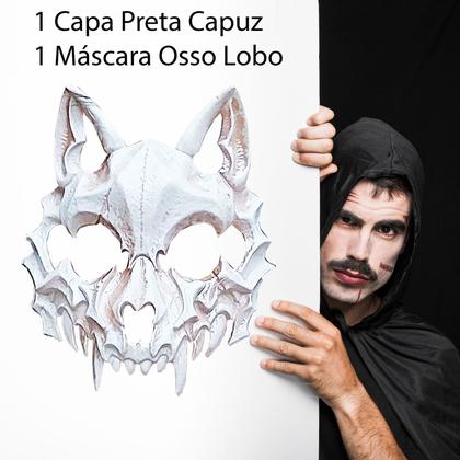 Imagem de Kit Máscara Osso Animal Lobo Esqueleto Caveira Halloween + Capa Preta Longa Capuz = 2 Produtos Temáticos