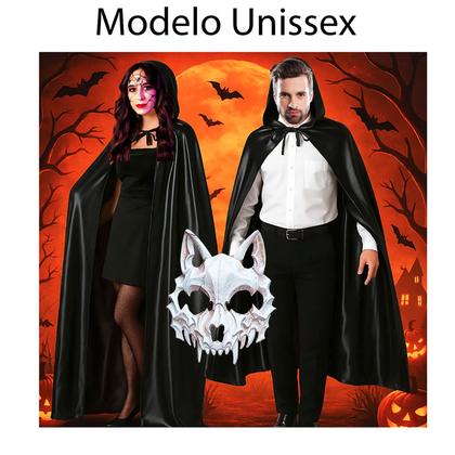 Imagem de Kit Máscara Osso Animal Lobo Esqueleto Caveira Halloween + Capa Preta Longa Capuz = 2 Produtos Temáticos