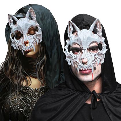 Imagem de Kit Máscara Osso Animal Lobo Esqueleto Caveira Halloween + Capa Preta Longa Capuz = 2 Produtos Temáticos