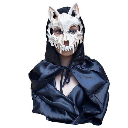 Imagem de Kit Máscara Osso Animal Lobo Esqueleto Caveira Halloween + Capa Preta Longa Capuz = 2 Produtos Temáticos