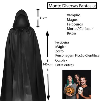 Imagem de Kit Máscara Osso Animal Lobo Esqueleto Caveira Halloween + Capa Preta Longa Capuz = 2 Produtos Temáticos