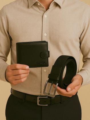 Imagem de Kit Masculino Fasolo Carteira Botão E Cinto Couro Preto 115