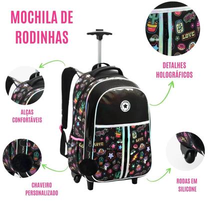 Imagem de Kit Material Escolar 3 Peças Mochila de Rodinhas + Lancheira Térmica + Estojo Porta Lápis Caneta Giz Borracha Adolescente Resistente Menina